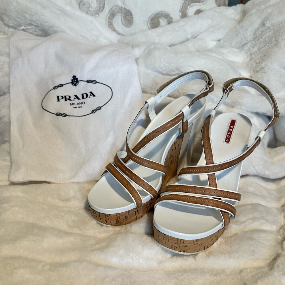 Prada Cork & White Patent Leather Platform Wedge Sandals!